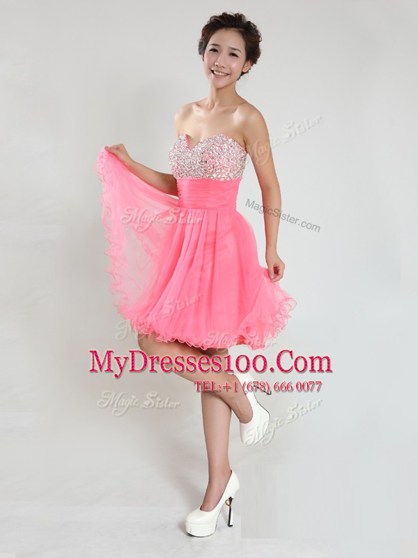 Beading Party Dress Pink Lace Up Sleeveless Knee Length