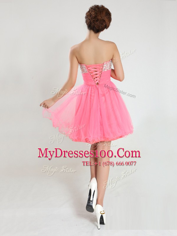 Beading Party Dress Pink Lace Up Sleeveless Knee Length