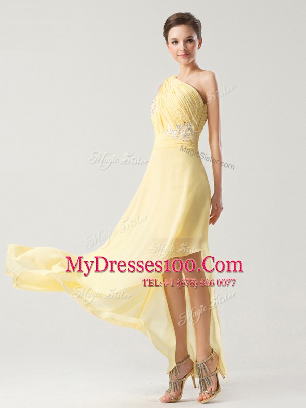 Light Yellow Chiffon Side Zipper One Shoulder Sleeveless Ankle Length Prom Dress Beading and Ruching