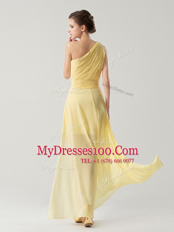 Light Yellow Chiffon Side Zipper One Shoulder Sleeveless Ankle Length Prom Dress Beading and Ruching
