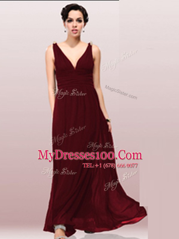 Best Empire Mother Of The Bride Dress Burgundy V-neck Chiffon Sleeveless Floor Length Zipper