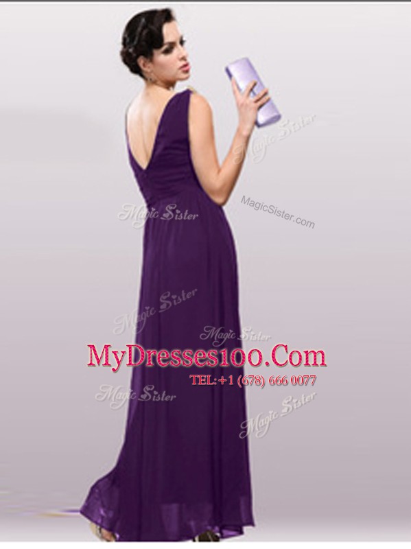 Best Empire Mother Of The Bride Dress Burgundy V-neck Chiffon Sleeveless Floor Length Zipper