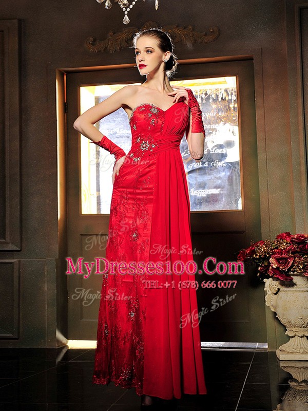 Sophisticated Red Juniors Evening Dress Prom and Party and For with Beading and Ruching Sweetheart Sleeveless Lace Up