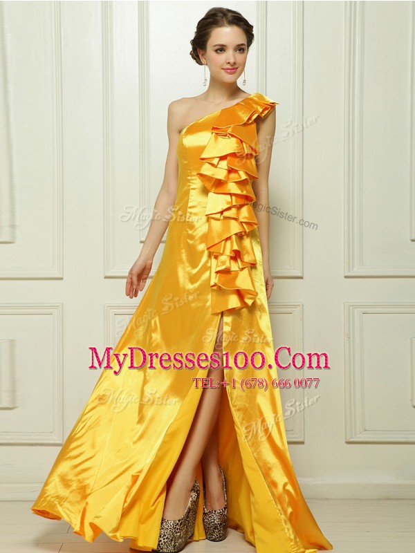 Glittering One Shoulder Sleeveless Prom Gown With Brush Train Ruffles Gold Taffeta