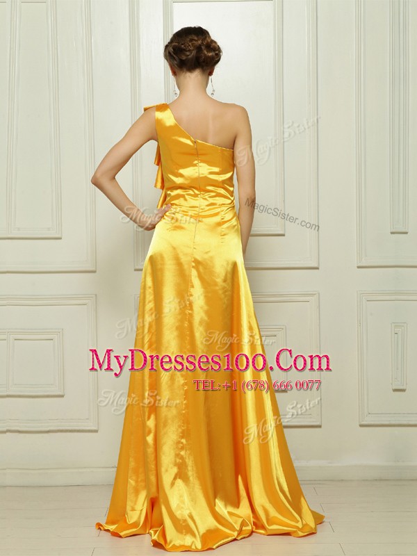 Glittering One Shoulder Sleeveless Prom Gown With Brush Train Ruffles Gold Taffeta
