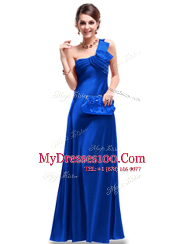 Luxury One Shoulder Royal Blue Sleeveless Ruching Floor Length Mother Of The Bride Dress