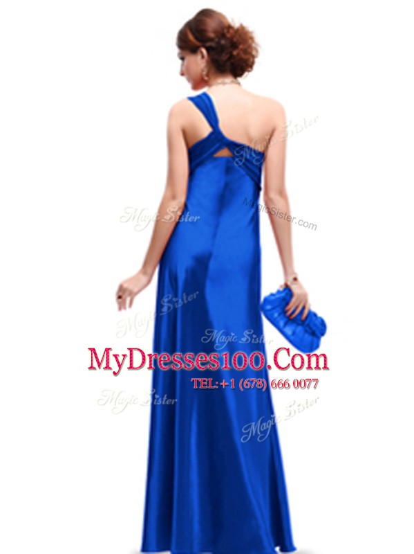 Luxury One Shoulder Royal Blue Sleeveless Ruching Floor Length Mother Of The Bride Dress
