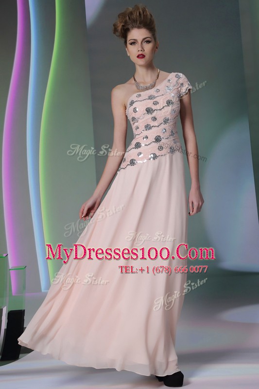 Baby Pink Prom Gown Prom and Party and For with Beading and Appliques One Shoulder Cap Sleeves Side Zipper