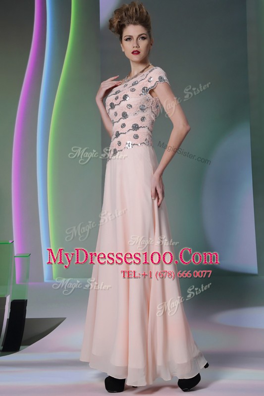 Baby Pink Prom Gown Prom and Party and For with Beading and Appliques One Shoulder Cap Sleeves Side Zipper