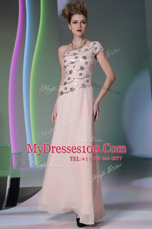 Baby Pink Prom Gown Prom and Party and For with Beading and Appliques One Shoulder Cap Sleeves Side Zipper
