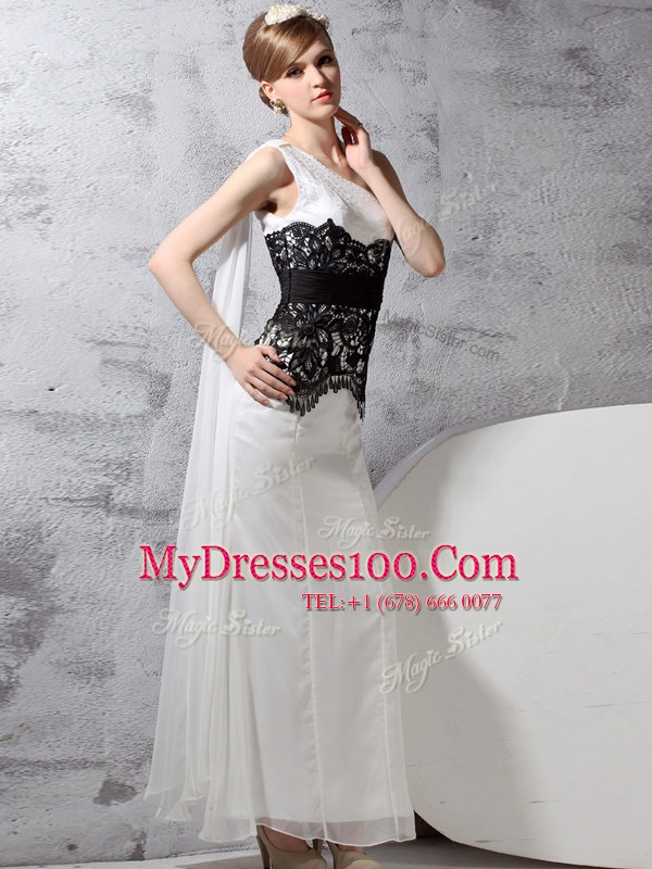 Cheap Column/Sheath Dress for Prom White And Black One Shoulder Chiffon Sleeveless Floor Length Side Zipper