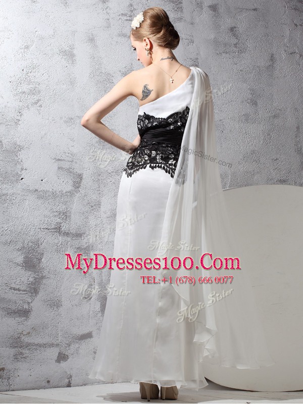 Cheap Column/Sheath Dress for Prom White And Black One Shoulder Chiffon Sleeveless Floor Length Side Zipper