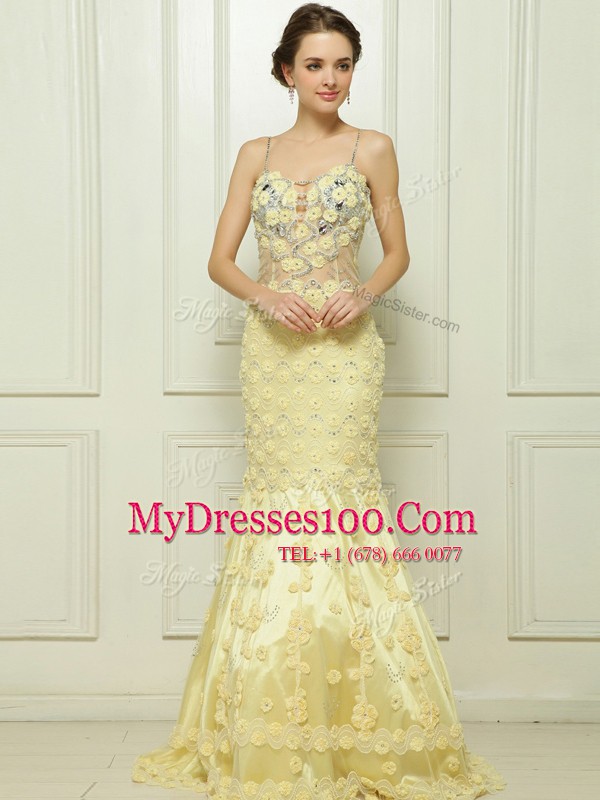 Colorful Mermaid Light Yellow Spaghetti Straps Neckline Beading and Hand Made Flower Prom Party Dress Sleeveless Side Zipper
