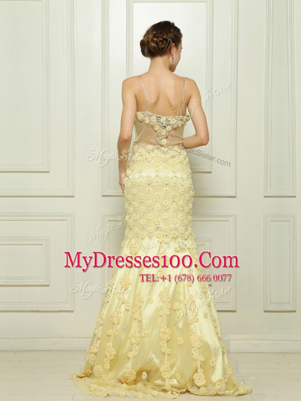 Colorful Mermaid Light Yellow Spaghetti Straps Neckline Beading and Hand Made Flower Prom Party Dress Sleeveless Side Zipper