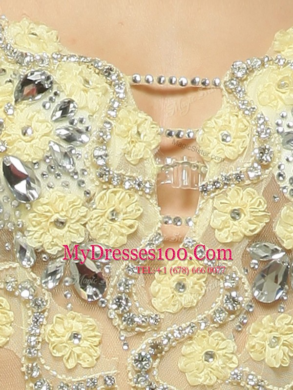 Colorful Mermaid Light Yellow Spaghetti Straps Neckline Beading and Hand Made Flower Prom Party Dress Sleeveless Side Zipper