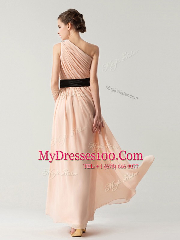 Dynamic One Shoulder Chiffon Sleeveless Ankle Length Prom Dresses and Belt