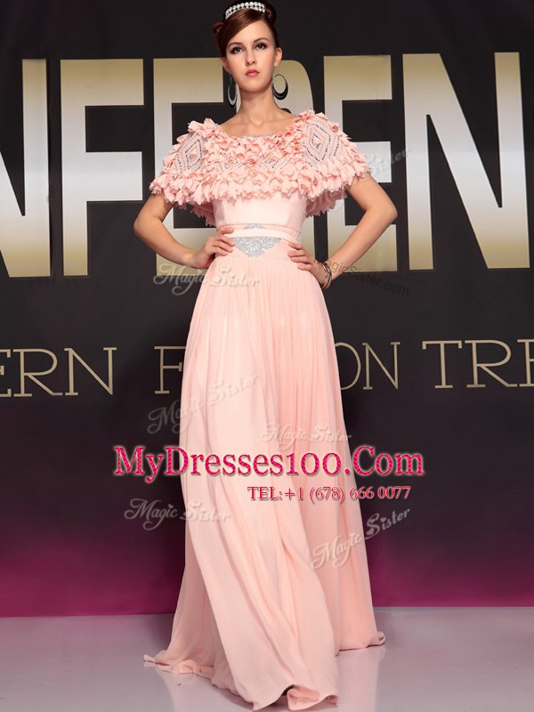 Sweet Column/Sheath Mother Of The Bride Dress Baby Pink Bateau Chiffon Short Sleeves Floor Length Side Zipper
