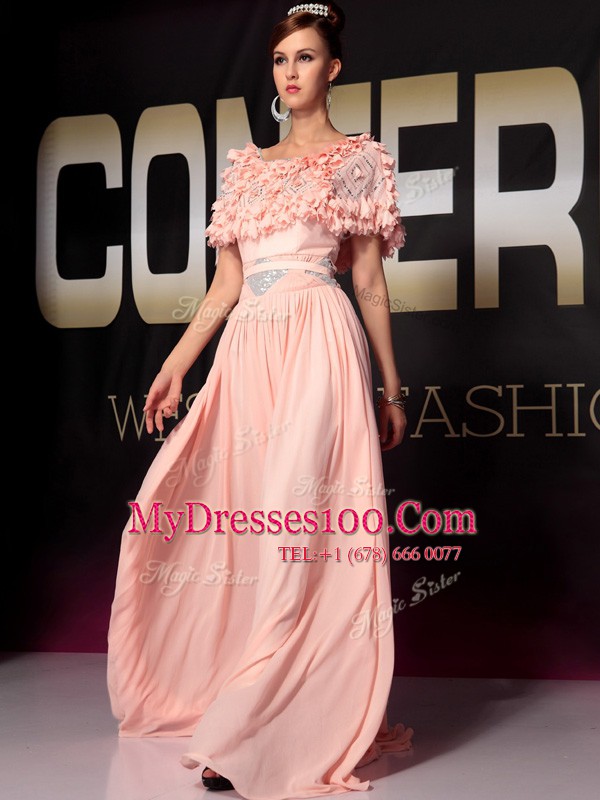 Sweet Column/Sheath Mother Of The Bride Dress Baby Pink Bateau Chiffon Short Sleeves Floor Length Side Zipper