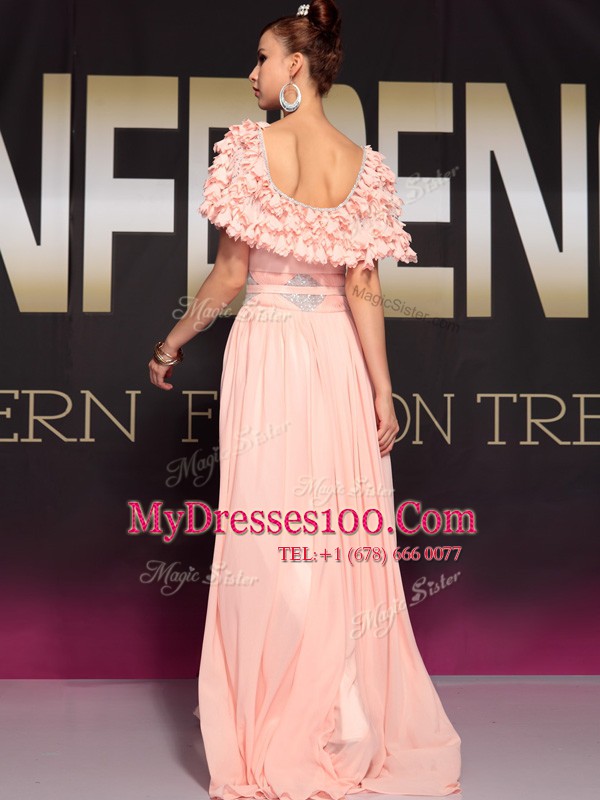 Sweet Column/Sheath Mother Of The Bride Dress Baby Pink Bateau Chiffon Short Sleeves Floor Length Side Zipper