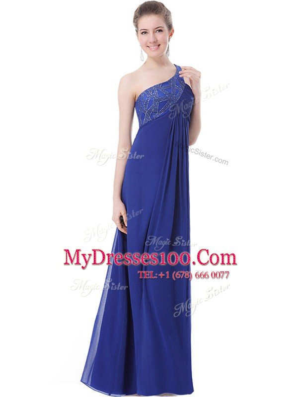 Excellent Blue Chiffon Criss Cross One Shoulder Sleeveless Floor Length Mother Of The Bride Dress Beading