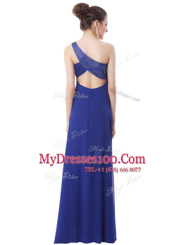 Excellent Blue Chiffon Criss Cross One Shoulder Sleeveless Floor Length Mother Of The Bride Dress Beading