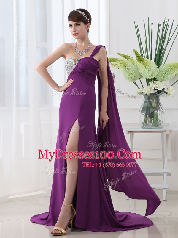 Exquisite Purple Prom Evening Gown Prom and Party and For with Beading and Sashes ribbons One Shoulder Sleeveless Brush Train Zipper
