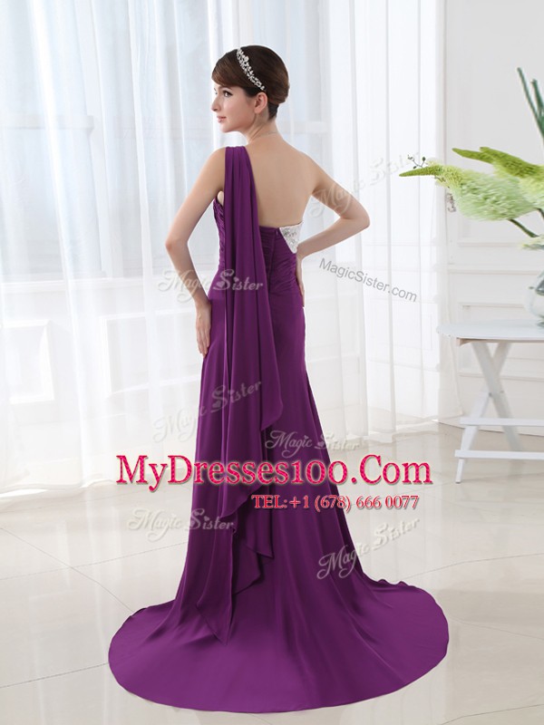 Exquisite Purple Prom Evening Gown Prom and Party and For with Beading and Sashes ribbons One Shoulder Sleeveless Brush Train Zipper