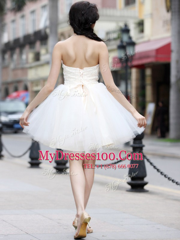 Superior Knee Length Lace Up Womens Party Dresses White for Prom and Party with Beading