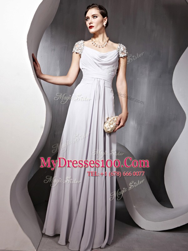 Sexy Silver Square Zipper Beading and Ruching Mother Of The Bride Dress Cap Sleeves