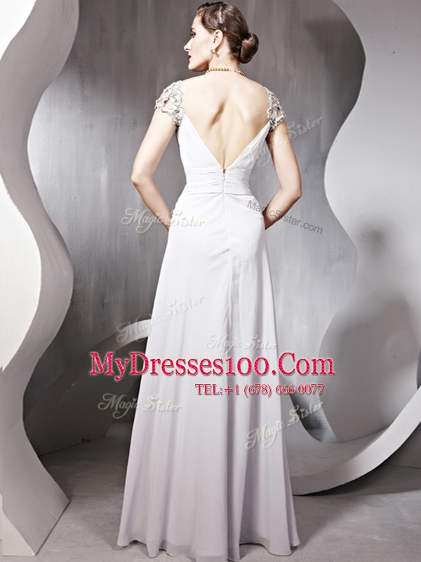 Sexy Silver Square Zipper Beading and Ruching Mother Of The Bride Dress Cap Sleeves