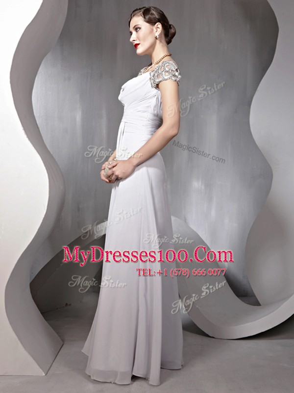 Sexy Silver Square Zipper Beading and Ruching Mother Of The Bride Dress Cap Sleeves