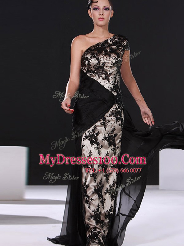 Wonderful Black Chiffon Side Zipper One Shoulder Cap Sleeves With Train Mother Of The Bride Dress Brush Train Lace