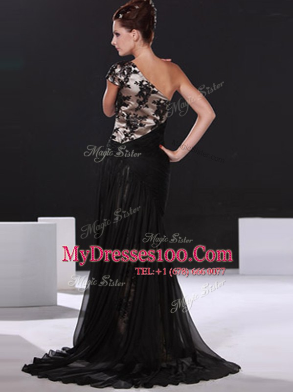Wonderful Black Chiffon Side Zipper One Shoulder Cap Sleeves With Train Mother Of The Bride Dress Brush Train Lace