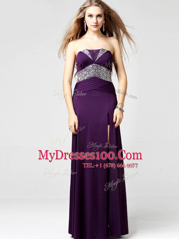 Classical Strapless Sleeveless Prom Evening Gown Floor Length Sequins Purple Chiffon