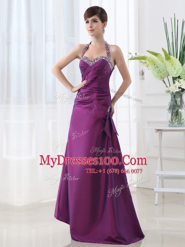 Amazing Halter Top Sleeveless Floor Length Beading and Ruching Lace Up Prom Evening Gown with Purple