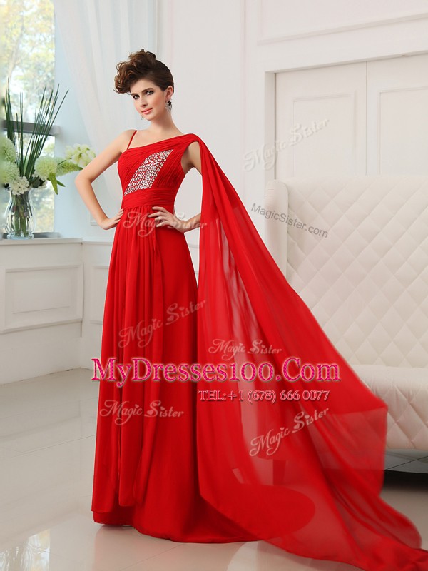 One Shoulder Red Sleeveless Court Train Beading and Ruching With Train