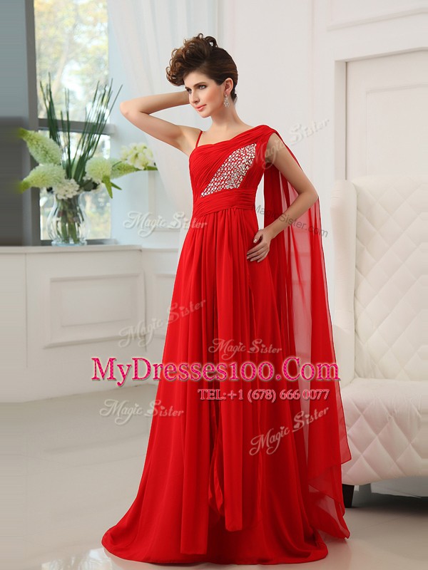 One Shoulder Red Sleeveless Court Train Beading and Ruching With Train