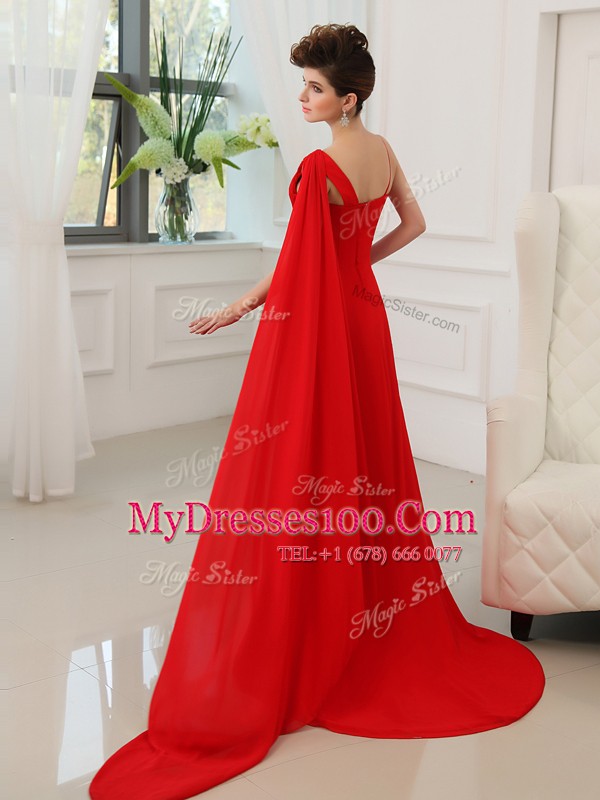 One Shoulder Red Sleeveless Court Train Beading and Ruching With Train