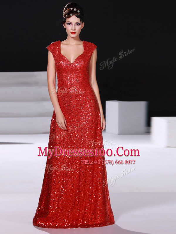 Sequins V-neck Sleeveless Zipper Evening Dress Red Sequined