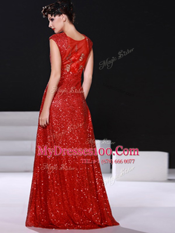 Sequins V-neck Sleeveless Zipper Evening Dress Red Sequined