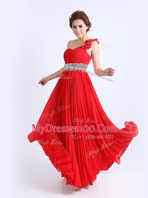 Modern Red One Shoulder Zipper Beading and Ruching and Pleated Homecoming Dress Sleeveless