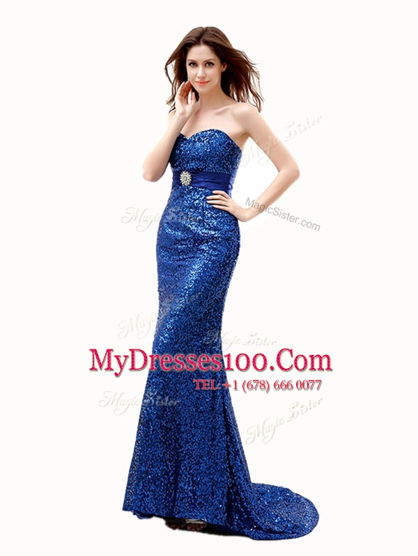 Glittering Mermaid Royal Blue Chiffon Lace Up Prom Dresses Sleeveless With Brush Train Beading and Belt