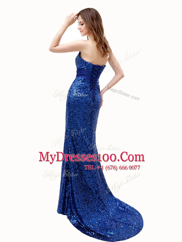 Glittering Mermaid Royal Blue Chiffon Lace Up Prom Dresses Sleeveless With Brush Train Beading and Belt