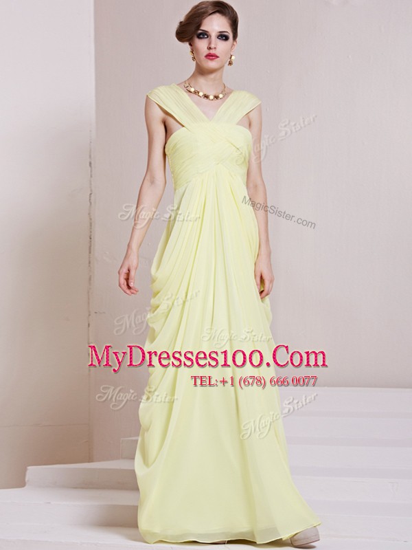 V-neck Sleeveless Prom Gown Floor Length Ruching Light Yellow Chiffon