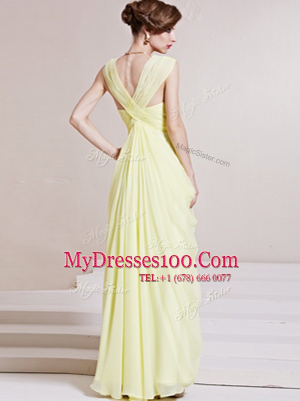 V-neck Sleeveless Prom Gown Floor Length Ruching Light Yellow Chiffon