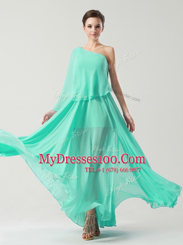 Custom Made Turquoise Column/Sheath One Shoulder Sleeveless Chiffon Ankle Length Side Zipper Ruching Prom Dresses