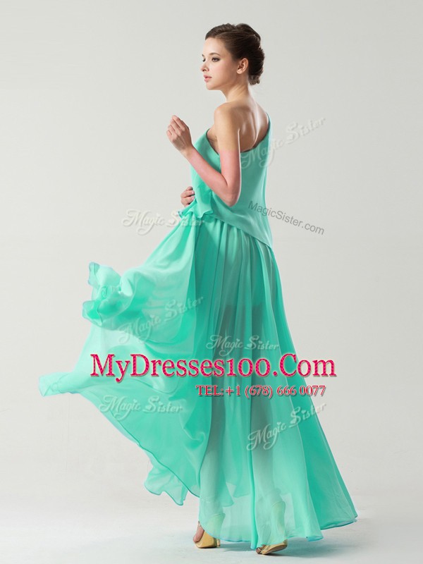 Custom Made Turquoise Column/Sheath One Shoulder Sleeveless Chiffon Ankle Length Side Zipper Ruching Prom Dresses