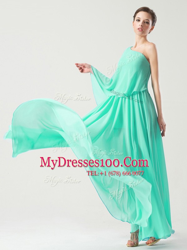 Custom Made Turquoise Column/Sheath One Shoulder Sleeveless Chiffon Ankle Length Side Zipper Ruching Prom Dresses