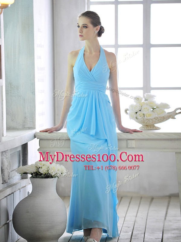 Halter Top Sleeveless Chiffon Prom Dress Ruffles and Ruching Lace Up
