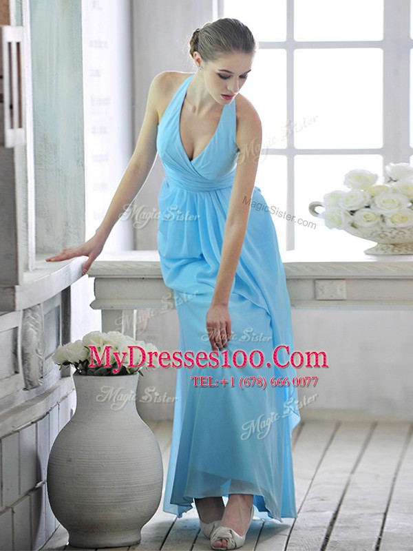 Halter Top Sleeveless Chiffon Prom Dress Ruffles and Ruching Lace Up